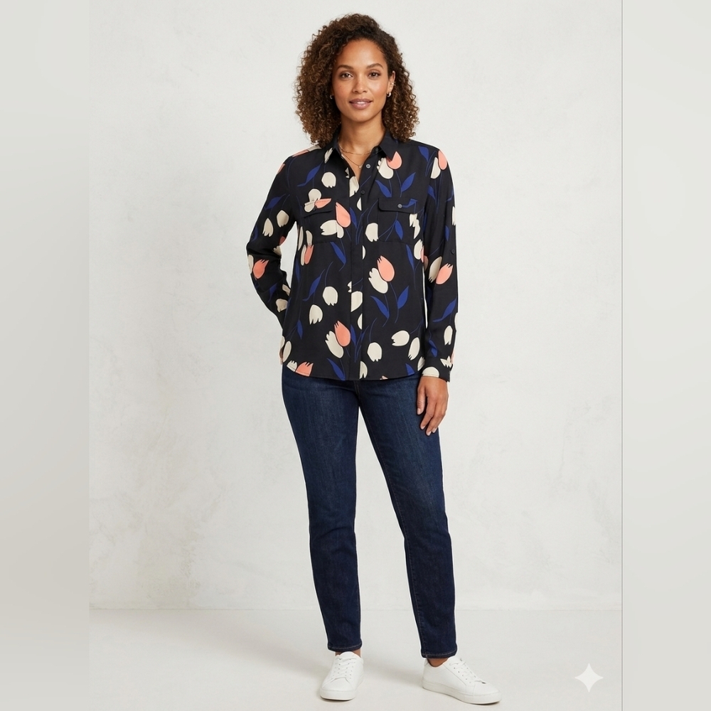 LOFT Dark Cottagecore Tulip Print Utility Blouse Preppy Dark Floral XS